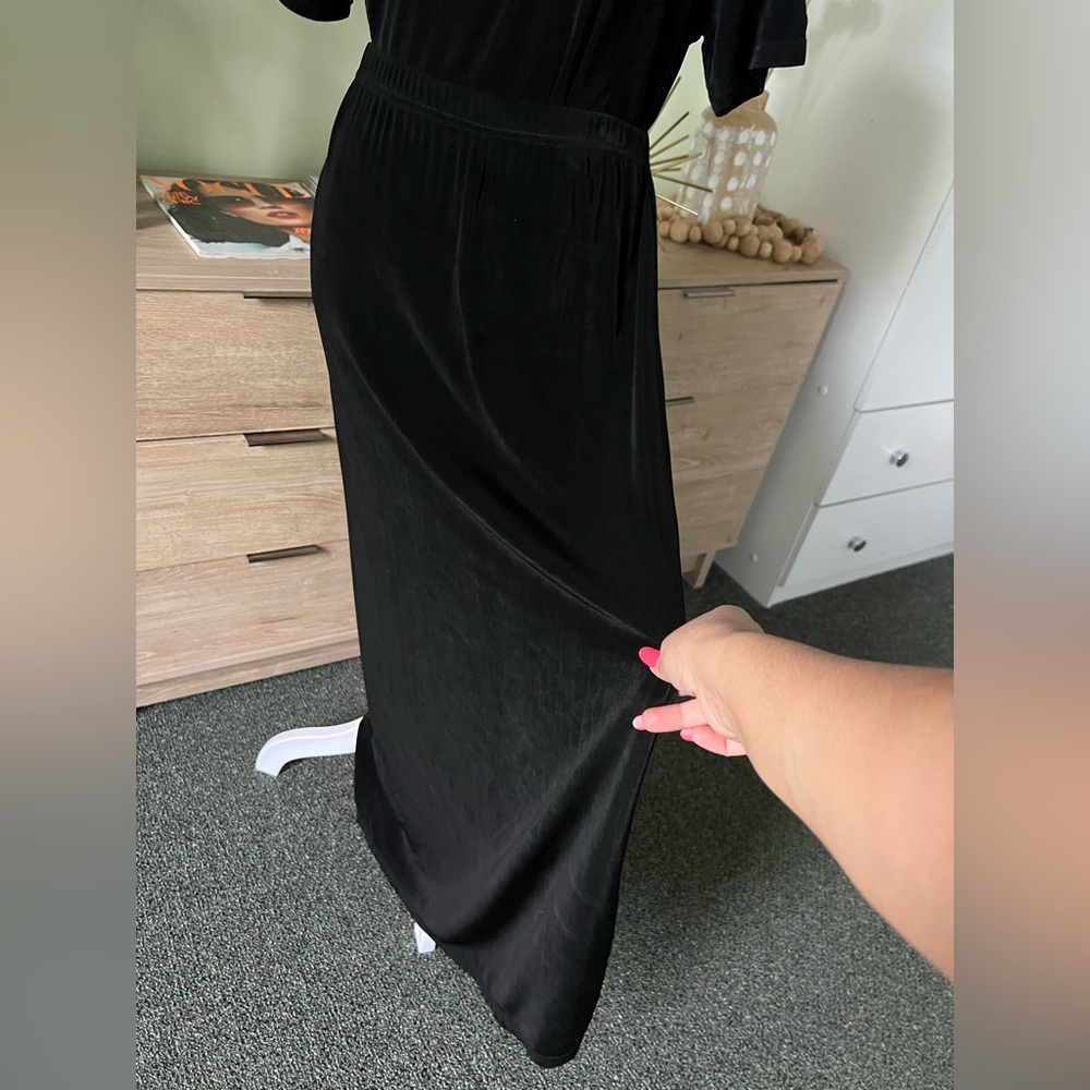 VINTAGE SLINKI Black Shirt-Sleeve Shirt & Maxi Stretch Skirt Matching Co-ord Set - Picture 7 of 16
